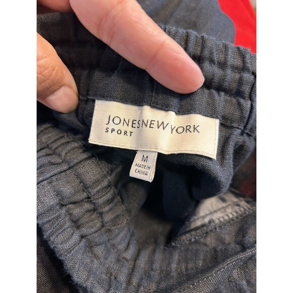 Jones New York Black 100% Linen Pants Size Medium Wide Leg Elastic Waist Pockets - Picture 3 of 6